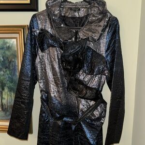 Samuel Dong Medium M Blue Silver Ruffle Coat Dress Jacket